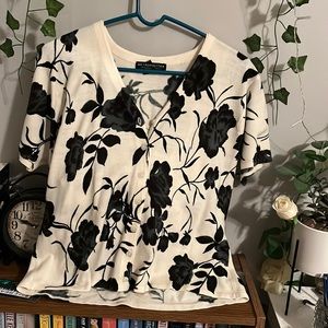 Navy Blue and Cream Floral Button Up Sweater